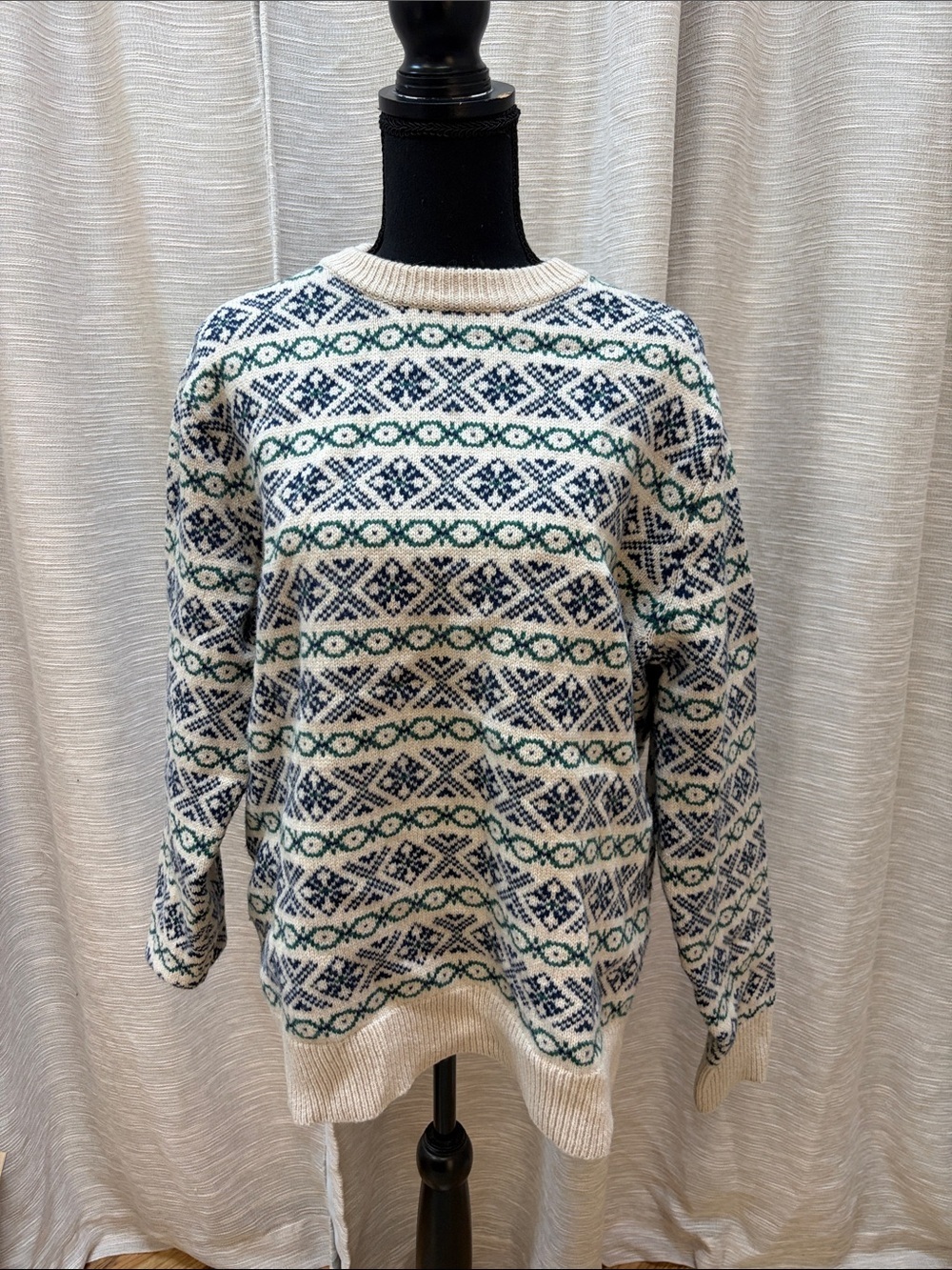J. Crew Cream Fair Isle Crewneck Sweater with Blue & Green Pattern